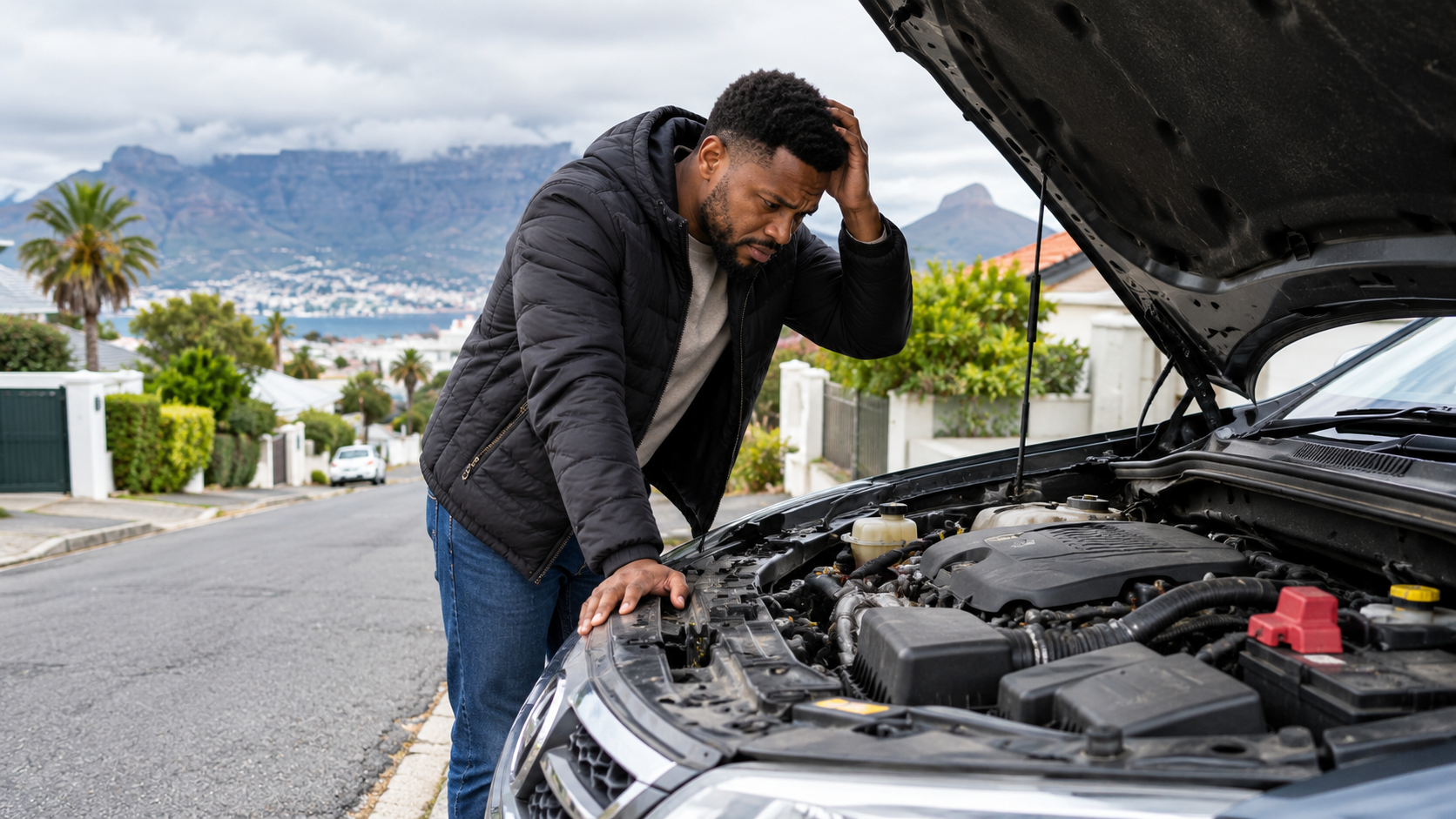 Driver troubleshooting a car that won't start in Cape Town