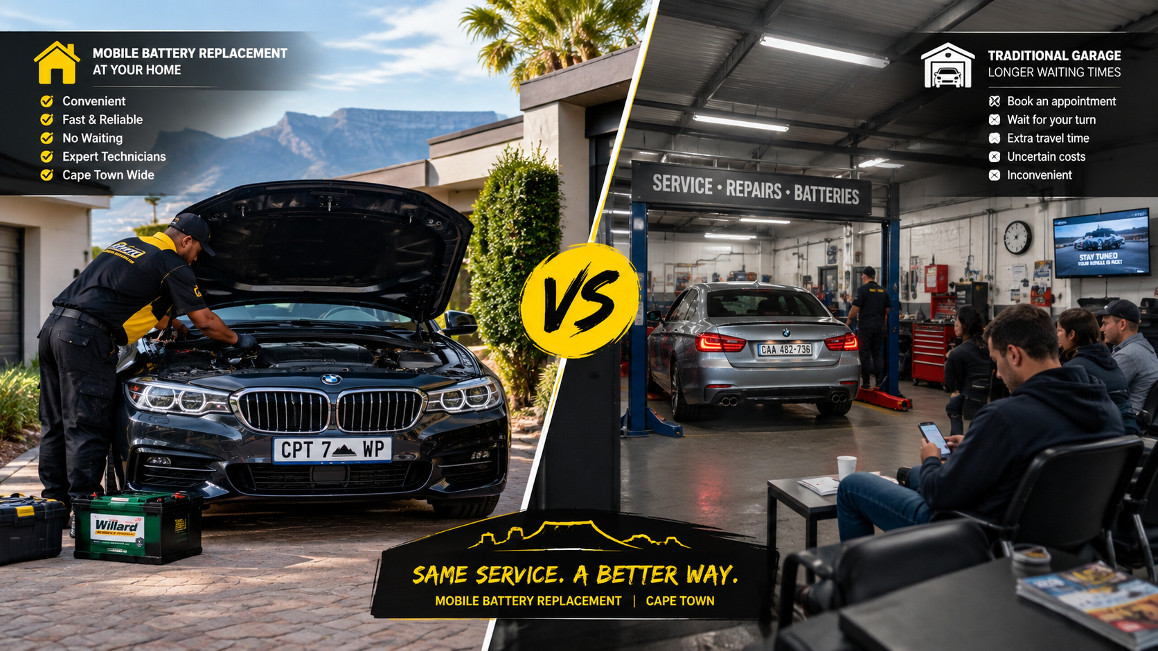 Comparing mobile battery replacement with traditional garage servicing in Cape Town