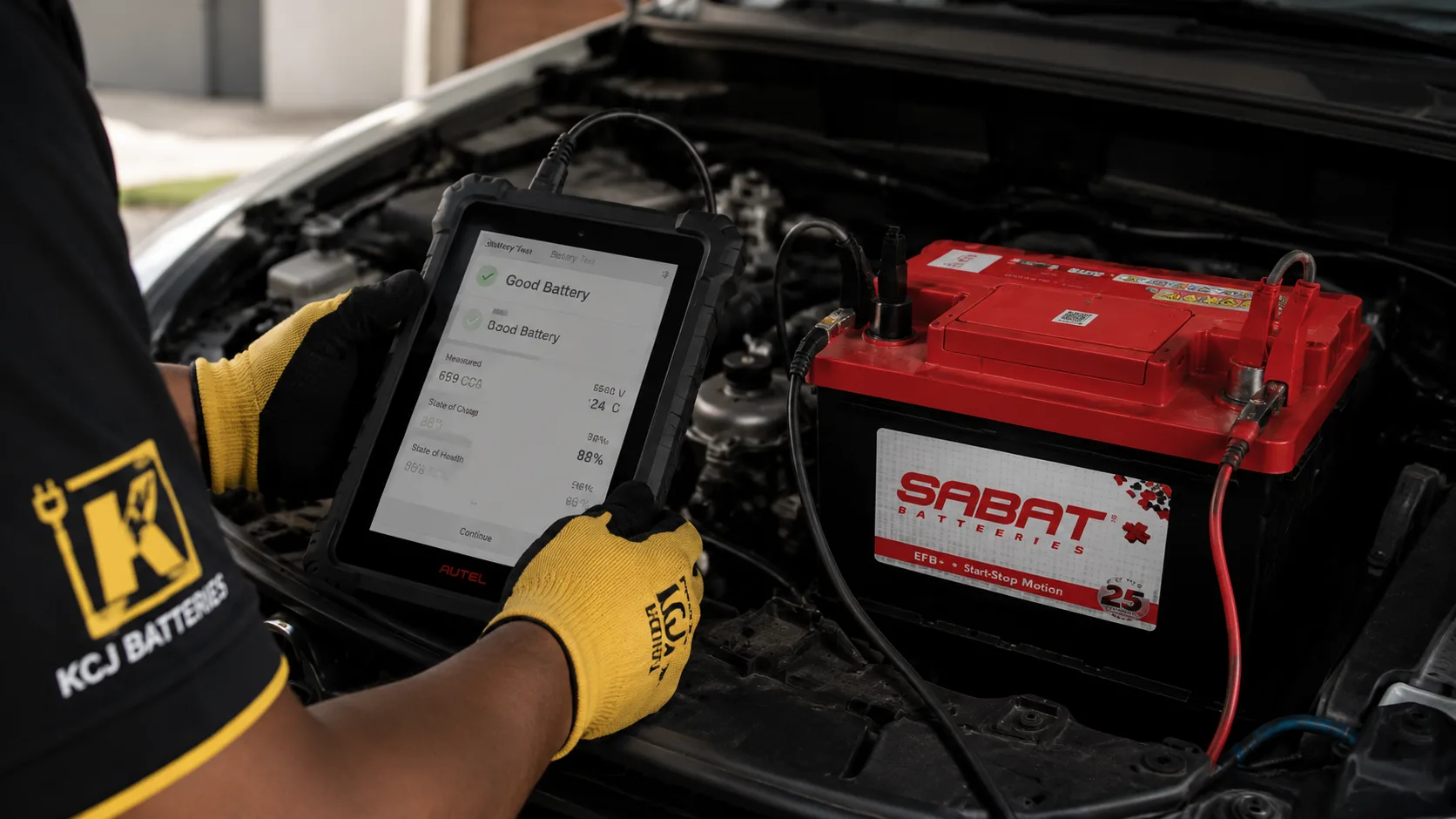 Technician running a battery diagnostic test